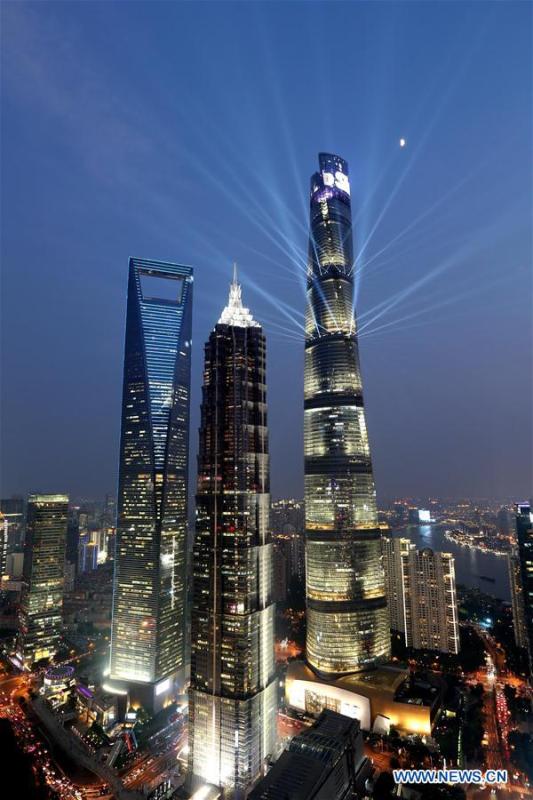 Photo taken on Oct. 17, 2018 shows the night view of Shanghai, east China. The first China International Import Expo (CIIE) is to be held in Shanghai from Nov. 5 to Nov. 10. (Xinhua/Ren Long)
