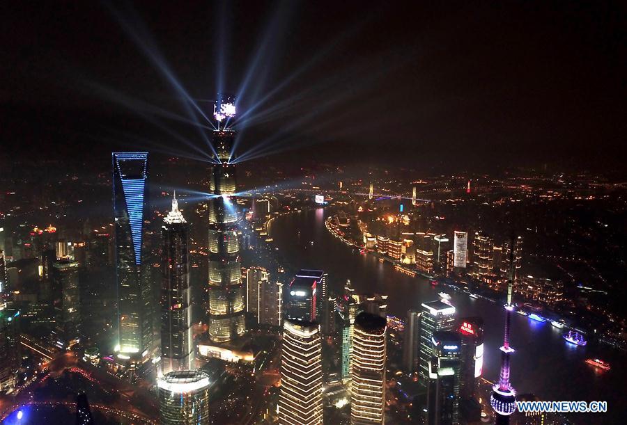 Aerial photo taken on Oct. 17, 2018 shows the night view of Shanghai, east China. The first China International Import Expo (CIIE) is to be held in Shanghai from Nov. 5 to Nov. 10. (Xinhua/Ren Long)