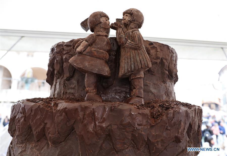 Photo taken on Oct. 21, 2018 shows a chocolate sculpture during the 25th international chocolate festival \