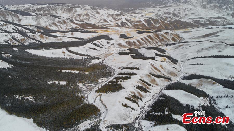 Fresh snow adds charm to trees, a river, and grassland at the foot of Qilian Mountain in Zhangye City, Northwest China’s Gansu Province, Oct. 21, 2018. (Photo: China News Service/Duo Dan)