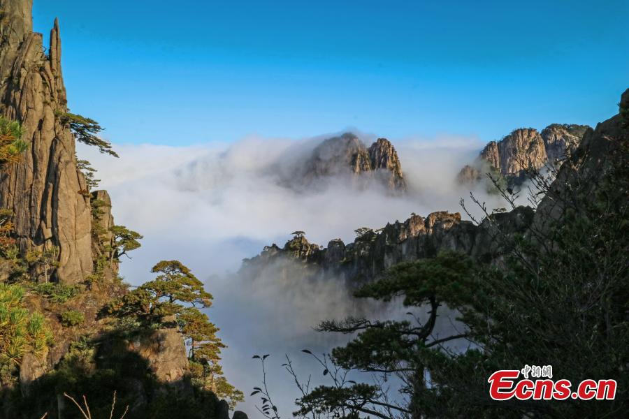 Mist and clouds surround Mount Huangshan in Anhui Province on Oct. 23, 2018. A UNESCO World Heritage site, the area is well known for its scenery, sunsets, peculiarly-shaped granite peaks, and Huangshan pine trees. (Photo: China News Service/Li Jingang)