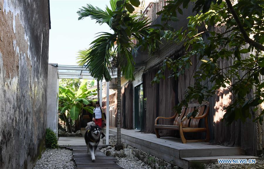 Canadian Craig Anderson takes a walk with his pet dog in the morning on the West Island in Sanya, south China\'s Hainan Province, Sept. 20, 2018. Anderson arrived in February at the West Island inhabited by around 4,000 people. Locals regarded Anderson as a scavenger when he first arrived, as he wandered around the beach almost every day, picking up driftwood, plastic bottles, shattered glasses, and rusty pieces of iron. As time went by, the locals realized that Anderson is an artist who devotes himself in environment protection art design. He profits the recyclable and regenerative materials in making art works. (Xinhua/Yang Guanyu)
