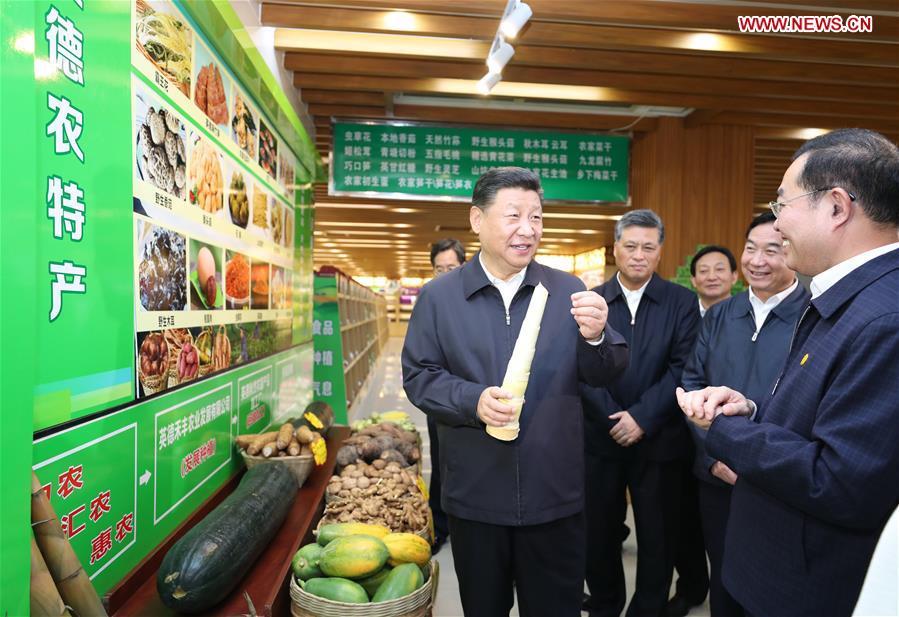 Chinese President Xi Jinping, also general secretary of the Communist Party of China Central Committee and chairman of the Central Military Commission, visits an e-commerce industrial park in Yingde of Qingyuan City, south China\'s Guangdong Province, during an inspection tour, Oct. 23, 2018. (Xinhua/Ju Peng)