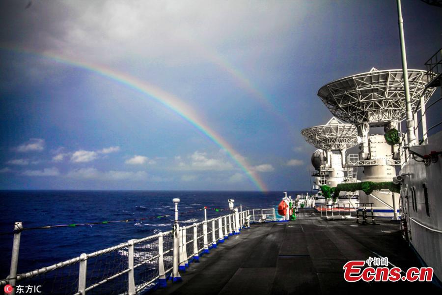 Photos taken from onboard the Chinese space-tracking ship Yuanwang-3 during its voyage in the Pacific Ocean, Oct. 23, 2018. Yuanwang-3 departed on Oct. 2 to carry out four maritime space monitoring and communication missions for the BeiDou-3 and other satellites in the Pacific Ocean. (Photo/IC)
