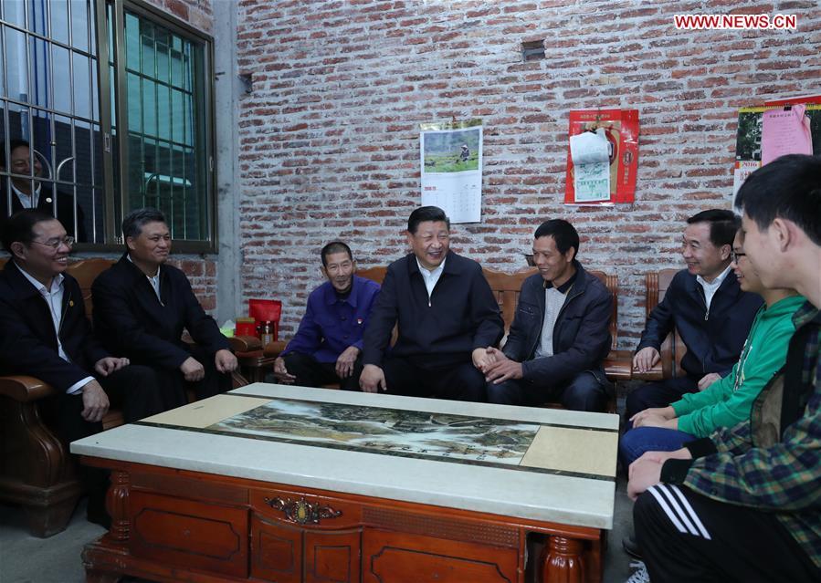 Chinese President Xi Jinping, also general secretary of the Communist Party of China Central Committee and chairman of the Central Military Commission, visits a poverty-stricken family in Lianzhang Village, Lianjiangkou Township, Yingde of Qingyuan City, south China\'s Guangdong Province, during an inspection tour, Oct. 23, 2018. (Xinhua/Ju Peng)