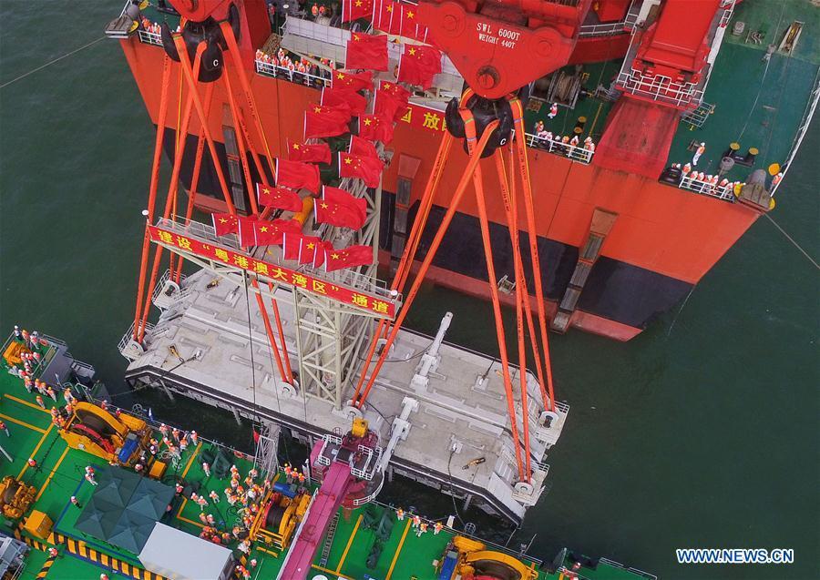 Aerial photo taken on May 2, 2017 shows the construction site of the Hong Kong-Zhuhai-Macao Bridge. (Xinhua/Liu Dawei)