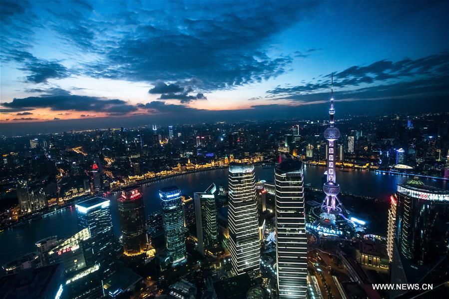 Photo taken on Nov. 3, 2018 shows the night view of Shanghai, east China. The first China International Import Expo (CIIE) will be held on Nov. 5-10 in Shanghai. (Xinhua/Li Xin)