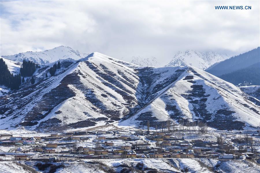 Photo taken on Nov. 4, 2018 shows snow scenery of a village in southern Urumqi, capital of northwest China\'s Xinjiang Uygur Autonomous Region. (Xinhua/Du Gang)