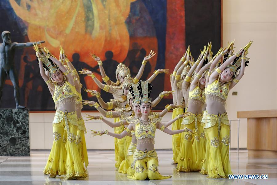Artists of China Disabled People\'s Performing Art Troupe perform Thousand-hand Bodhisattva dance at the United Nations headquarters in New York, on Nov. 5, 2018. This event is co-sponsored by the United Nations Postal Administration (UNPA) along with the Permanent Mission of China to the UN, which holds the presidency of the Security Council for November. (Xinhua/Li Muzi)