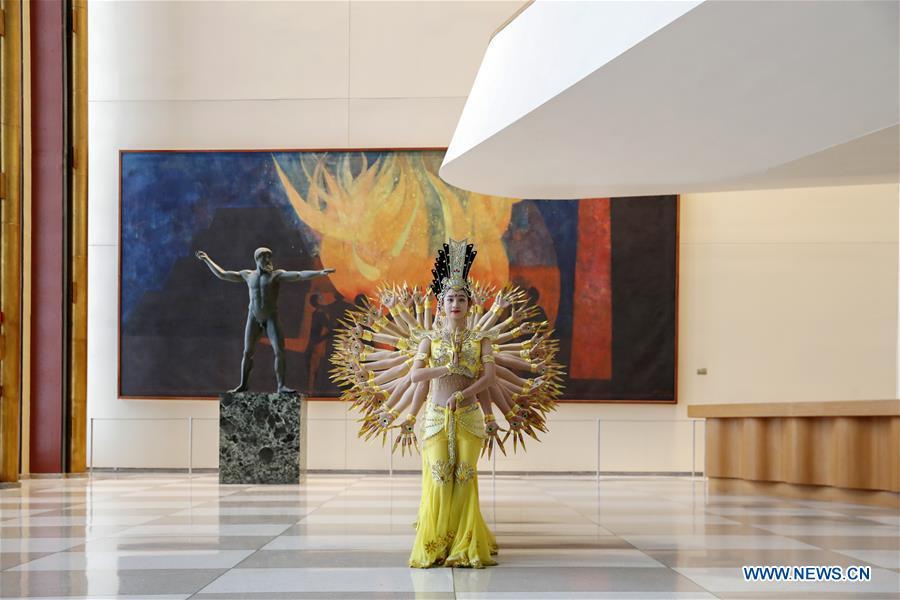 Artists of China Disabled People\'s Performing Art Troupe perform Thousand-hand Bodhisattva dance at the United Nations headquarters in New York, on Nov. 5, 2018. This event is co-sponsored by the United Nations Postal Administration (UNPA) along with the Permanent Mission of China to the UN, which holds the presidency of the Security Council for November. (Xinhua/Li Muzi)