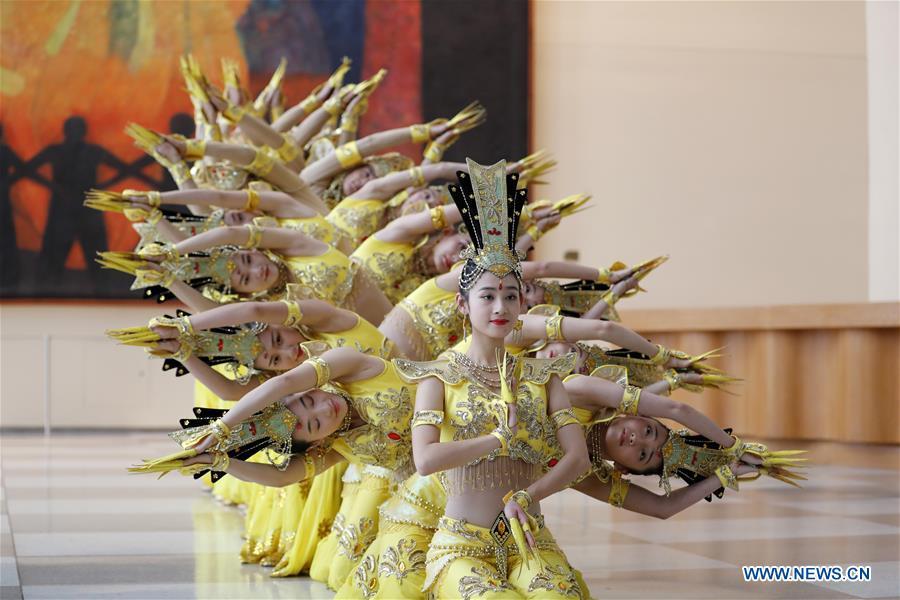Artists of China Disabled People\'s Performing Art Troupe perform Thousand-hand Bodhisattva dance at the United Nations headquarters in New York, on Nov. 5, 2018. This event is co-sponsored by the United Nations Postal Administration (UNPA) along with the Permanent Mission of China to the UN, which holds the presidency of the Security Council for November. (Xinhua/Li Muzi)