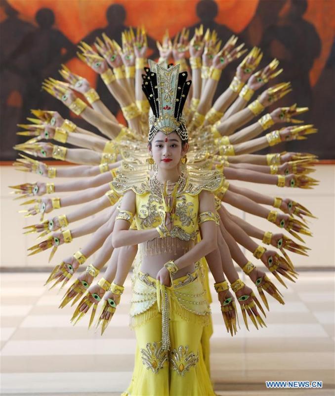 Artists of China Disabled People\'s Performing Art Troupe perform Thousand-hand Bodhisattva dance at the United Nations headquarters in New York, on Nov. 5, 2018. This event is co-sponsored by the United Nations Postal Administration (UNPA) along with the Permanent Mission of China to the UN, which holds the presidency of the Security Council for November. (Xinhua/Li Muzi)
