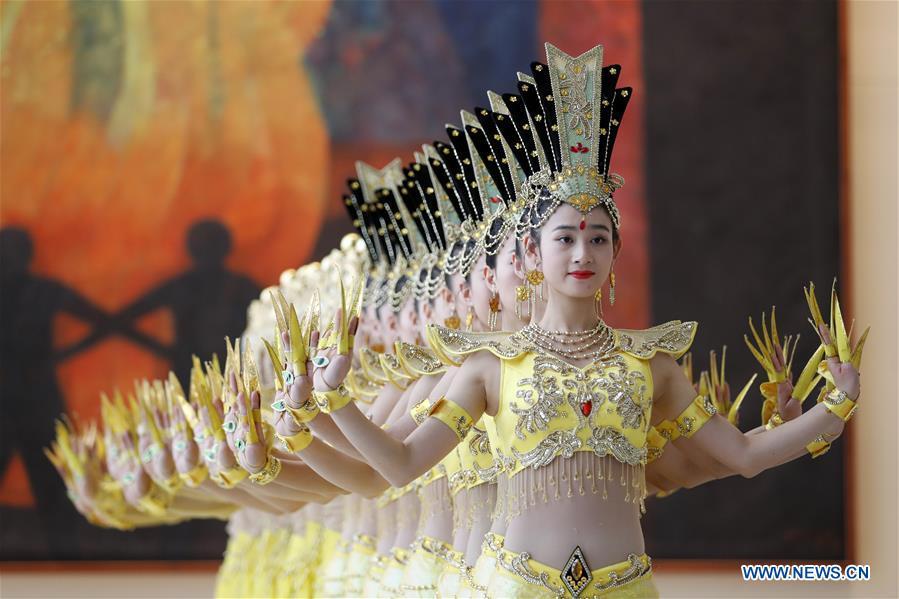 Artists of China Disabled People\'s Performing Art Troupe perform Thousand-hand Bodhisattva dance at the United Nations headquarters in New York, on Nov. 5, 2018. This event is co-sponsored by the United Nations Postal Administration (UNPA) along with the Permanent Mission of China to the UN, which holds the presidency of the Security Council for November. (Xinhua/Li Muzi)