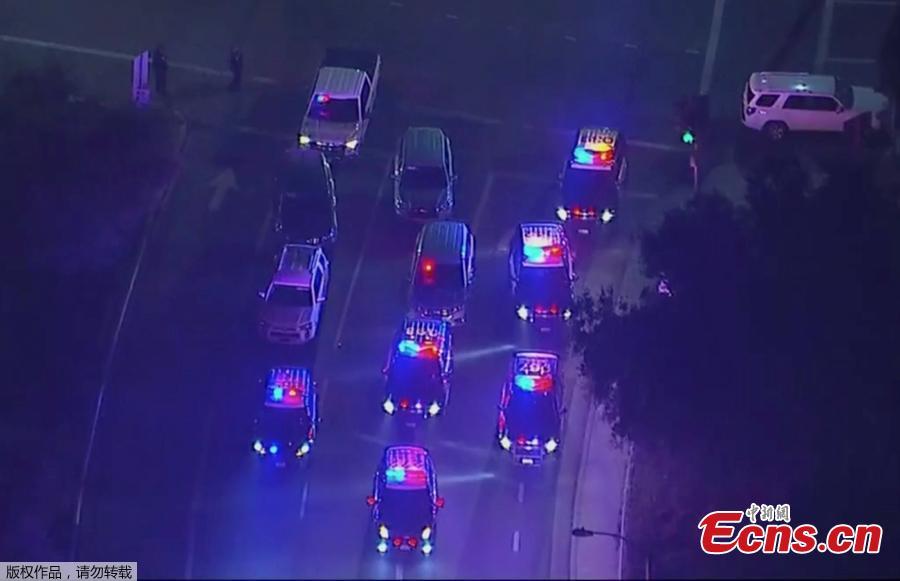 In this image made from aerial video, police vehicles block an intersection in the vicinity of a shooting in Thousand Oaks, California, early Thursday, Nov. 8, 2018. At least 12 people were killed and multiple people were injured after a man opened fire in Southern California bar late Wednesday. The gunman killed himself at the spot. (Photo/Agencies)