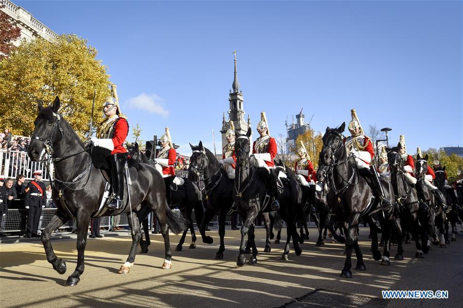 Royal Horse Artillery takes part in the Lord Mayor\'s Show in London, Britain, on Nov. 10, 2018. As the elected head of the City of London Corporation, the 691st Lord Mayor of the City of London Peter Estlin will serve as a global ambassador for the UK-based financial and professional services industry for a one-year term. (Xinhua/Stephen Chung)