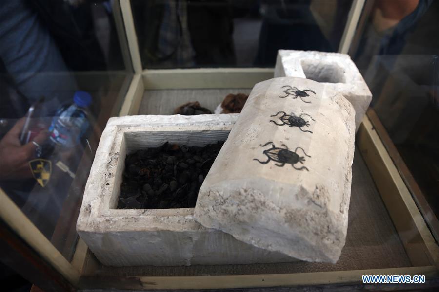 Photo taken on Nov. 10, 2018 shows the mummified scarabs in Saqqara Necropolis, Giza Province, Egypt. Egypt\'s Minister of Antiquities Khaled al-Anany announced Saturday the discovery of seven pharaonic tombs in Saqqara Necropolis. (Xinhua/Ahmed Gomaa)