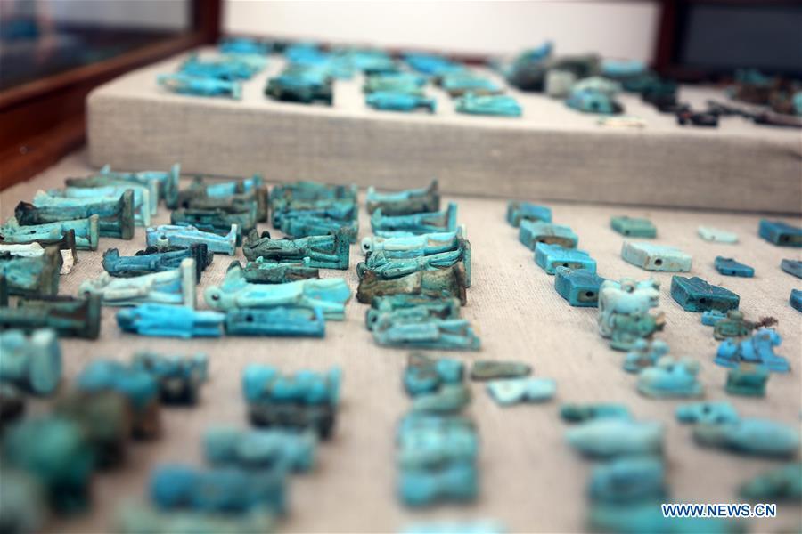Photo taken on Nov. 10, 2018 shows the unearthed artifacts in Saqqara Necropolis, Giza Province, Egypt. Egypt\'s Minister of Antiquities Khaled al-Anany announced Saturday the discovery of seven pharaonic tombs in Saqqara Necropolis. (Xinhua/Ahmed Gomaa)