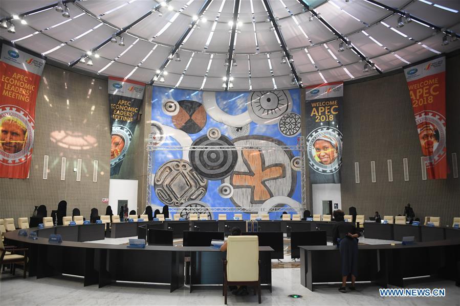 Photo taken on Nov. 9, 2018 shows the internal view of the International Convention Center in Port Moresby, Papua New Guinea. Leaders from the Asia-Pacific economies are gathering in Port Moresby, the capital of Papua New Guinea for the Asia-Pacific Economic Cooperation (APEC) Leaders\' Week on Nov. 12-18. (Xinhua/Lui Siu Wai)
