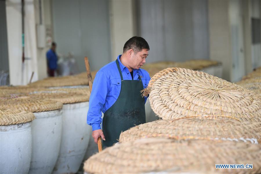 A worker checks the fermenting situation of rice wine at Shaoxing Nuerhong Winery Company in Shaoxing, east China\'s Zhejiang Province, Nov. 21, 2018. The company maintains its traditional rice wine brewing method, which is composed of nearly 20 processing steps. (Xinhua/Weng Xinyang)