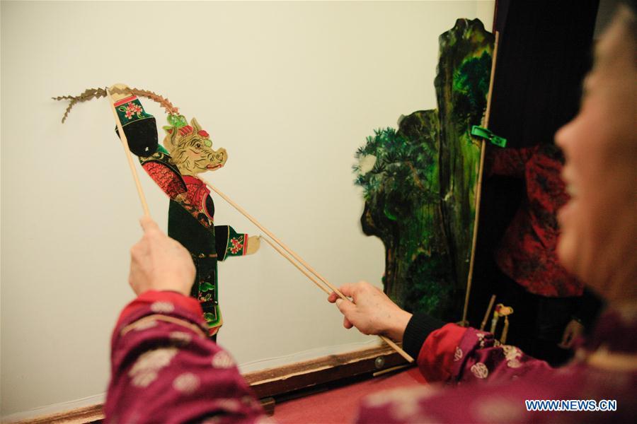 Zhang Kunrong practices in a shadow puppetry show in Haining City, east China\'s Zhejiang Province, Nov. 20, 2018. Zhang Kunrong, 79, a locally born shadow puppetry player, is an inheritor of the Haining shadow puppetry, a form of traditional theatre acted by colorful silhouette figures made from leather or paper, accompanied by music and singing. A typical variety popular in south China, Haining shadow puppetry, a national intangible cultural heritage, has a history of about 900 years dating back to the Southern Song Dynasty (AD 1127-1279). Obsessed with the shadow play since childhood, Zhang Kunrong was recruited to the provincial shadow puppetry troupe in 1958 and soon became a mainstay after two year\'s practice and in the later years staged performances at home and abroad as Haining shadow puppetry grows popular. Nowadays, Zhang works more on script writing, directing and teaching apprentices. Haining shadow puppetry was listed as one of the state-level intangible cultural heritages in 2006 and was included in the UNESCO Intangible Cultural Heritage of Humanity list in 2011. (Xinhua/Zhu Weixi)