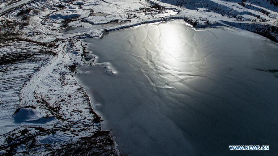 Aerial photo taken on Nov. 24, 2018 shows winter scenery in Xiaqunsi Forest Park of Ping\'an County, northwest China\'s Qinghai Province. (Xinhua/Wu Gang)