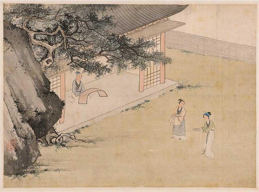A painting from Chen Shaomei\'s 24 paintings on silk. (Photo provided to China Daily)
Chen Shaomei (1909-54) gained fame in the art circle at age 20.
Although his career was short-lived, his versatility — and especially his paintings that recreate the sophisticated, refined atmosphere of Chinese ink traditions — won acclaim among generations of artists and collectors.
He completed an album of 24 paintings on silk in 1938. Each portrays a story from the popular Yuan Dynasty (1271-1368) Confucian book, \