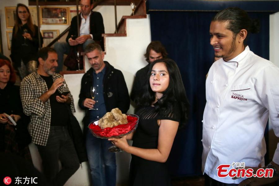 An assistant displays an Alba white truffle weighing 1,153g, at chef Tanka Sapkota\'s restaurant in Lisbon, Portugal on November 23, 2018. The truffle collected in Piemonte region in Italy is the biggest ever bought in Portugal. (Photo/IC)