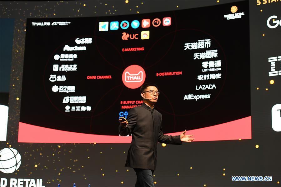 Jing Jie, the president of Alibaba Tmall, gives a speech at the World Retail Congress in Madrid, Spain, on April 17, 2018. More and more Spanish consumers accept Chinese high-tech brands, which now can be seen in daily life across Spain. (Xinhua/Guo Qiuda)