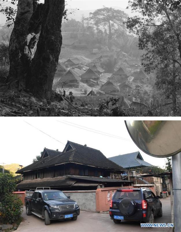 This combination photo shows Jino cottages made of straw on Jino Mountain in 1983 (above, file photo); and new residences as well as motor vehicles in Bapiao Village of Jino Ethnic Township on Jino Mountain, Nov. 20, 2018 (below, photo by Lin Yiguang). With a population of slightly over 20,000, the Jino people had only been officially acknowledged in 1979 as an independent ethnic group of China. Until 1949, most of them had lived for generations in primitive mountain tribes in southwest China\'s Yunnan Province. Over the four decades since it embraced the reform and opening-up policy, China has spared no effort to support ethnic groups with smaller populations. Life on Jino Mountain, where most Jino communities are located, saw positive changes in parallel with improvements in local politics, economy, technology, education, culture, health care, ecology, ethnic development and other social undertakings. Just like its 55 ethnic brethren, the Jino people also benefit from China\'s reform and opening-up in seeking a prosperous life. In Jino Ethnic Township on the Jino Mountain, residents now have direct access to road, water, electricity, TV and radio, as well as the mobile network. Ninety percent of the residents have moved into new houses. Most residents own motorcycles and tractors, and some of them have purchased cars. More people have increased their income by selling local specialty products via the internet, whereas in the past, doing business was perceived as a shame. Currently, the primary education in Jino Ethnic Township achieved 100 percent coverage for all school-age children. More than 99 percent of residents have joined the rural cooperative medical insurance programme. The Jino ethnic culture undergoes protection and inheritance: the great drum dance of the Jino people has been listed as one of China\'s national intangible cultural heritages. (Xinhua)