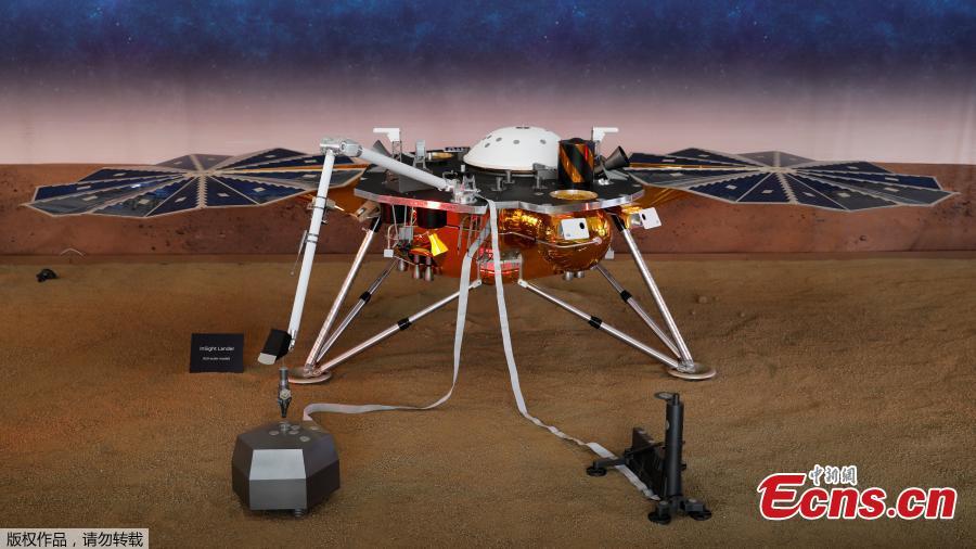A life-size model of the spaceship Insight, NASA\'s first robotic lander dedicated to studying the deep interior of Mars, is shown at Jet Propulsion Laboratory (JPL) in Pasadena, California, U.S. November 26, 2018. (Photo/Agencies)