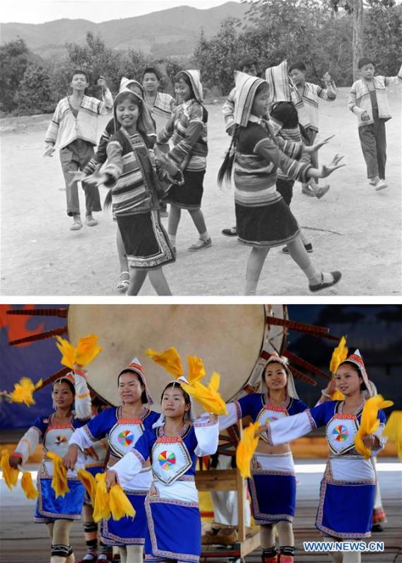 This combination photo shows Jino youths performing a folk dance in 1979 (above, file photo); and female Jino dancers performing the great drum dance in Bapo Village of Jino Ethnic Township on Jino Mountain, Feb. 25, 2011 (below, photo by Lin Yiguang). With a population of slightly over 20,000, the Jino people had only been officially acknowledged in 1979 as an independent ethnic group of China. Until 1949, most of them had lived for generations in primitive mountain tribes in southwest China\'s Yunnan Province. Over the four decades since it embraced the reform and opening-up policy, China has spared no effort to support ethnic groups with smaller populations. Life on Jino Mountain, where most Jino communities are located, saw positive changes in parallel with improvements in local politics, economy, technology, education, culture, health care, ecology, ethnic development and other social undertakings. Just like its 55 ethnic brethren, the Jino people also benefit from China\'s reform and opening-up in seeking a prosperous life. In Jino Ethnic Township on the Jino Mountain, residents now have direct access to road, water, electricity, TV and radio, as well as the mobile network. Ninety percent of the residents have moved into new houses. Most residents own motorcycles and tractors, and some of them have purchased cars. More people have increased their income by selling local specialty products via the internet, whereas in the past, doing business was perceived as a shame. Currently, the primary education in Jino Ethnic Township achieved 100 percent coverage for all school-age children. More than 99 percent of residents have joined the rural cooperative medical insurance programme. The Jino ethnic culture undergoes protection and inheritance: the great drum dance of the Jino people has been listed as one of China\'s national intangible cultural heritages. (Xinhua)
