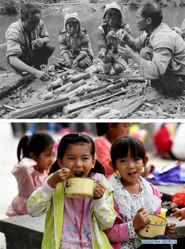 This combination photo shows Jino villagers of Jino Mountain having a riverside meal in 1983 (above, file photo); and students having free lunch at the Ethnic Primary School in Jino Ethnic Township on Jino Mountain, Nov. 4, 2015 (below, photo by Lin Yiguang). With a population of slightly over 20,000, the Jino people had only been officially acknowledged in 1979 as an independent ethnic group of China. Until 1949, most of them had lived for generations in primitive mountain tribes in southwest China\'s Yunnan Province. Over the four decades since it embraced the reform and opening-up policy, China has spared no effort to support ethnic groups with smaller populations. Life on Jino Mountain, where most Jino communities are located, saw positive changes in parallel with improvements in local politics, economy, technology, education, culture, health care, ecology, ethnic development and other social undertakings. Just like its 55 ethnic brethren, the Jino people also benefit from China\'s reform and opening-up in seeking a prosperous life. In Jino Ethnic Township on the Jino Mountain, residents now have direct access to road, water, electricity, TV and radio, as well as the mobile network. Ninety percent of the residents have moved into new houses. Most residents own motorcycles and tractors, and some of them have purchased cars. More people have increased their income by selling local specialty products via the internet, whereas in the past, doing business was perceived as a shame. Currently, the primary education in Jino Ethnic Township achieved 100 percent coverage for all school-age children. More than 99 percent of residents have joined the rural cooperative medical insurance programme. The Jino ethnic culture undergoes protection and inheritance: the great drum dance of the Jino people has been listed as one of China\'s national intangible cultural heritages. (Xinhua)