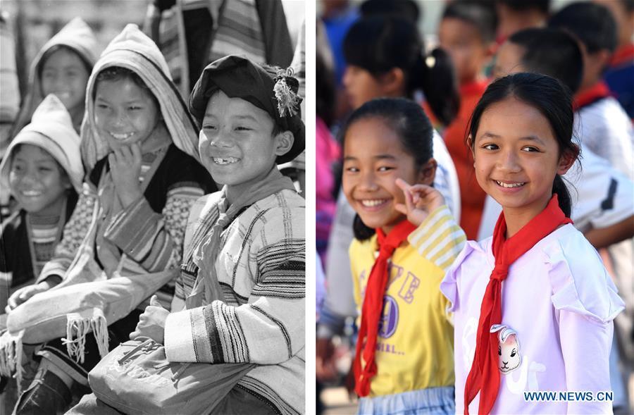 This combination photo shows Jino primary school students in 1984 (left, file photo); and students at the Ethnic Primary School in Jino Ethnic Township on Jino Mountain, Nov. 20, 2018 (right, photo by Lin Yiguang). With a population of slightly over 20,000, the Jino people had only been officially acknowledged in 1979 as an independent ethnic group of China. Until 1949, most of them had lived for generations in primitive mountain tribes in southwest China\'s Yunnan Province. Over the four decades since it embraced the reform and opening-up policy, China has spared no effort to support ethnic groups with smaller populations. Life on Jino Mountain, where most Jino communities are located, saw positive changes in parallel with improvements in local politics, economy, technology, education, culture, health care, ecology, ethnic development and other social undertakings. Just like its 55 ethnic brethren, the Jino people also benefit from China\'s reform and opening-up in seeking a prosperous life. In Jino Ethnic Township on the Jino Mountain, residents now have direct access to road, water, electricity, TV and radio, as well as the mobile network. Ninety percent of the residents have moved into new houses. Most residents own motorcycles and tractors, and some of them have purchased cars. More people have increased their income by selling local specialty products via the internet, whereas in the past, doing business was perceived as a shame. Currently, the primary education in Jino Ethnic Township achieved 100 percent coverage for all school-age children. More than 99 percent of residents have joined the rural cooperative medical insurance programme. The Jino ethnic culture undergoes protection and inheritance: the great drum dance of the Jino people has been listed as one of China\'s national intangible cultural heritages. (Xinhua)