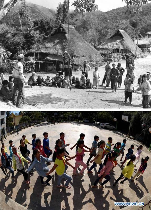This combination photo shows Jino children taking part in a sports activity on Jino Mountain in 1983 (above, file photo); and students having a P.E. lesson at the Ethnic Primary School in Jino Ethnic Township on Jino Mountain, Nov. 4, 2015 (below, photo by Lin Yiguang). With a population of slightly over 20,000, the Jino people had only been officially acknowledged in 1979 as an independent ethnic group of China. Until 1949, most of them had lived for generations in primitive mountain tribes in southwest China\'s Yunnan Province. Over the four decades since it embraced the reform and opening-up policy, China has spared no effort to support ethnic groups with smaller populations. Life on Jino Mountain, where most Jino communities are located, saw positive changes in parallel with improvements in local politics, economy, technology, education, culture, health care, ecology, ethnic development and other social undertakings. Just like its 55 ethnic brethren, the Jino people also benefit from China\'s reform and opening-up in seeking a prosperous life. In Jino Ethnic Township on the Jino Mountain, residents now have direct access to road, water, electricity, TV and radio, as well as the mobile network. Ninety percent of the residents have moved into new houses. Most residents own motorcycles and tractors, and some of them have purchased cars. More people have increased their income by selling local specialty products via the internet, whereas in the past, doing business was perceived as a shame. Currently, the primary education in Jino Ethnic Township achieved 100 percent coverage for all school-age children. More than 99 percent of residents have joined the rural cooperative medical insurance programme. The Jino ethnic culture undergoes protection and inheritance: the great drum dance of the Jino people has been listed as one of China\'s national intangible cultural heritages. (Xinhua)