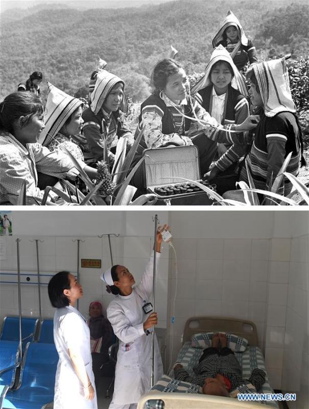 This combination photo shows Jino doctor Bai Lalei (C) giving medical treatment to villagers on Jino Mountain in 1977 (above, file photo); and Jino medical workers Zhou Yifang (1st L) and Zhou Jing (2nd L) giving intravenous injection for a patient at a local hospital in Jino Ethnic Township on Jino Mountain, Nov. 20, 2018 (below, photo by Lin Yiguang). With a population of slightly over 20,000, the Jino people had only been officially acknowledged in 1979 as an independent ethnic group of China. Until 1949, most of them had lived for generations in primitive mountain tribes in southwest China\'s Yunnan Province. Over the four decades since it embraced the reform and opening-up policy, China has spared no effort to support ethnic groups with smaller populations. Life on Jino Mountain, where most Jino communities are located, saw positive changes in parallel with improvements in local politics, economy, technology, education, culture, health care, ecology, ethnic development and other social undertakings. Just like its 55 ethnic brethren, the Jino people also benefit from China\'s reform and opening-up in seeking a prosperous life. In Jino Ethnic Township on the Jino Mountain, residents now have direct access to road, water, electricity, TV and radio, as well as the mobile network. Ninety percent of the residents have moved into new houses. Most residents own motorcycles and tractors, and some of them have purchased cars. More people have increased their income by selling local specialty products via the internet, whereas in the past, doing business was perceived as a shame. Currently, the primary education in Jino Ethnic Township achieved 100 percent coverage for all school-age children. More than 99 percent of residents have joined the rural cooperative medical insurance programme. The Jino ethnic culture undergoes protection and inheritance: the great drum dance of the Jino people has been listed as one of China\'s national intangible cultural heritages. (Xinhua)