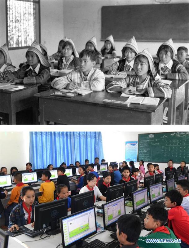This combination photo shows Jino students attending a class on Jino Mountain in 1984 (above, file photo); and students taking a computer lesson at the Ethnic Primary School in Jino Ethnic Township on Jino Mountain, Nov. 20, 2018 (below, photo by Lin Yiguang). With a population of slightly over 20,000, the Jino people had only been officially acknowledged in 1979 as an independent ethnic group of China. Until 1949, most of them had lived for generations in primitive mountain tribes in southwest China\'s Yunnan Province. Over the four decades since it embraced the reform and opening-up policy, China has spared no effort to support ethnic groups with smaller populations. Life on Jino Mountain, where most Jino communities are located, saw positive changes in parallel with improvements in local politics, economy, technology, education, culture, health care, ecology, ethnic development and other social undertakings. Just like its 55 ethnic brethren, the Jino people also benefit from China\'s reform and opening-up in seeking a prosperous life. In Jino Ethnic Township on the Jino Mountain, residents now have direct access to road, water, electricity, TV and radio, as well as the mobile network. Ninety percent of the residents have moved into new houses. Most residents own motorcycles and tractors, and some of them have purchased cars. More people have increased their income by selling local specialty products via the internet, whereas in the past, doing business was perceived as a shame. Currently, the primary education in Jino Ethnic Township achieved 100 percent coverage for all school-age children. More than 99 percent of residents have joined the rural cooperative medical insurance programme. The Jino ethnic culture undergoes protection and inheritance: the great drum dance of the Jino people has been listed as one of China\'s national intangible cultural heritages. (Xinhua)