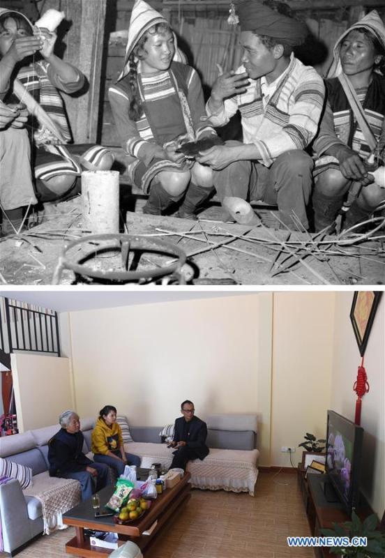 This combination photo shows Jino villagers chatting with each other in 1981 (above, file photo); and Jino senior citizen Ziqie (1st L) watching television program at his new residence with his family, Nov. 20, 2018 (below, photo by Lin Yiguang). With a population of slightly over 20,000, the Jino people had only been officially acknowledged in 1979 as an independent ethnic group of China. Until 1949, most of them had lived for generations in primitive mountain tribes in southwest China\'s Yunnan Province. Over the four decades since it embraced the reform and opening-up policy, China has spared no effort to support ethnic groups with smaller populations. Life on Jino Mountain, where most Jino communities are located, saw positive changes in parallel with improvements in local politics, economy, technology, education, culture, health care, ecology, ethnic development and other social undertakings. Just like its 55 ethnic brethren, the Jino people also benefit from China\'s reform and opening-up in seeking a prosperous life. In Jino Ethnic Township on the Jino Mountain, residents now have direct access to road, water, electricity, TV and radio, as well as the mobile network. Ninety percent of the residents have moved into new houses. Most residents own motorcycles and tractors, and some of them have purchased cars. More people have increased their income by selling local specialty products via the internet, whereas in the past, doing business was perceived as a shame. Currently, the primary education in Jino Ethnic Township achieved 100 percent coverage for all school-age children. More than 99 percent of residents have joined the rural cooperative medical insurance programme. The Jino ethnic culture undergoes protection and inheritance: the great drum dance of the Jino people has been listed as one of China\'s national intangible cultural heritages. (Xinhua)