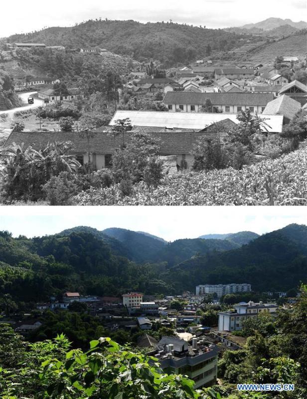 This combination photo shows a corner of Jino Mountain in 1979 (above, file photo); and the local government and its surroundings in Jino Ethnic Township on Jino Mountain on Nov. 4, 2015. (below, photo by Lin Yiguang). With a population of slightly over 20,000, the Jino people had only been officially acknowledged in 1979 as an independent ethnic group of China. Until 1949, most of them had lived for generations in primitive mountain tribes in southwest China\'s Yunnan Province. Over the four decades since it embraced the reform and opening-up policy, China has spared no effort to support ethnic groups with smaller populations. Life on Jino Mountain, where most Jino communities are located, saw positive changes in parallel with improvements in local politics, economy, technology, education, culture, health care, ecology, ethnic development and other social undertakings. Just like its 55 ethnic brethren, the Jino people also benefit from China\'s reform and opening-up in seeking a prosperous life. In Jino Ethnic Township on the Jino Mountain, residents now have direct access to road, water, electricity, TV and radio, as well as the mobile network. Ninety percent of the residents have moved into new houses. Most residents own motorcycles and tractors, and some of them have purchased cars. More people have increased their income by selling local specialty products via the internet, whereas in the past, doing business was perceived as a shame. Currently, the primary education in Jino Ethnic Township achieved 100 percent coverage for all school-age children. More than 99 percent of residents have joined the rural cooperative medical insurance programme. The Jino ethnic culture undergoes protection and inheritance: the great drum dance of the Jino people has been listed as one of China\'s national intangible cultural heritages. (Xinhua)