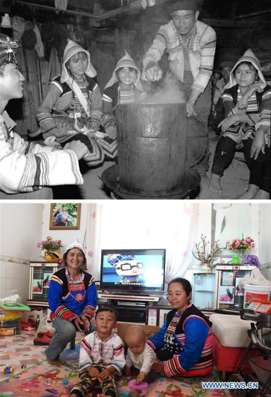 This combination photo shows Jino villager Yaoze (2nd L) having steamed rice with her family members and friends in 1984 (above, file photo); and Yaoze (1st L) taking care of her two grandsons along with her daughter-in-law (1st R) on Nov. 20, 2018 (below, photo by Lin Yiguang). With a population of slightly over 20,000, the Jino people had only been officially acknowledged in 1979 as an independent ethnic group of China. Until 1949, most of them had lived for generations in primitive mountain tribes in southwest China\'s Yunnan Province. Over the four decades since it embraced the reform and opening-up policy, China has spared no effort to support ethnic groups with smaller populations. Life on Jino Mountain, where most Jino communities are located, saw positive changes in parallel with improvements in local politics, economy, technology, education, culture, health care, ecology, ethnic development and other social undertakings. Just like its 55 ethnic brethren, the Jino people also benefit from China\'s reform and opening-up in seeking a prosperous life. In Jino Ethnic Township on the Jino Mountain, residents now have direct access to road, water, electricity, TV and radio, as well as the mobile network. Ninety percent of the residents have moved into new houses. Most residents own motorcycles and tractors, and some of them have purchased cars. More people have increased their income by selling local specialty products via the internet, whereas in the past, doing business was perceived as a shame. Currently, the primary education in Jino Ethnic Township achieved 100 percent coverage for all school-age children. More than 99 percent of residents have joined the rural cooperative medical insurance programme. The Jino ethnic culture undergoes protection and inheritance: the great drum dance of the Jino people has been listed as one of China\'s national intangible cultural heritages. (Xinhua)