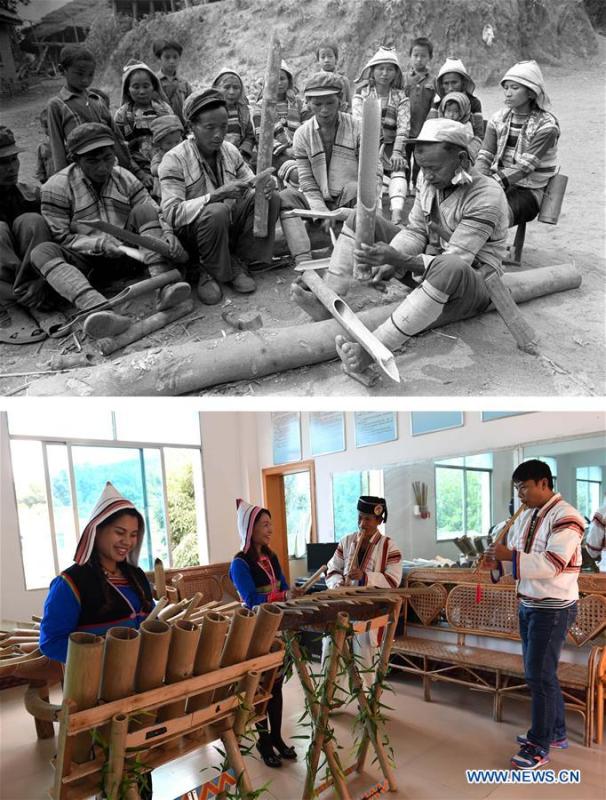 This combination photo shows Jino villagers performing with bamboo musical instruments in 1988 (above, file photo); and culture promotion workers performing with ethnic musical instruments in Jino Ethnic Township on Jino Mountain, Nov. 5, 2015 (below, photo by Lin Yiguang). With a population of slightly over 20,000, the Jino people had only been officially acknowledged in 1979 as an independent ethnic group of China. Until 1949, most of them had lived for generations in primitive mountain tribes in southwest China\'s Yunnan Province. Over the four decades since it embraced the reform and opening-up policy, China has spared no effort to support ethnic groups with smaller populations. Life on Jino Mountain, where most Jino communities are located, saw positive changes in parallel with improvements in local politics, economy, technology, education, culture, health care, ecology, ethnic development and other social undertakings. Just like its 55 ethnic brethren, the Jino people also benefit from China\'s reform and opening-up in seeking a prosperous life. In Jino Ethnic Township on the Jino Mountain, residents now have direct access to road, water, electricity, TV and radio, as well as the mobile network. Ninety percent of the residents have moved into new houses. Most residents own motorcycles and tractors, and some of them have purchased cars. More people have increased their income by selling local specialty products via the internet, whereas in the past, doing business was perceived as a shame. Currently, the primary education in Jino Ethnic Township achieved 100 percent coverage for all school-age children. More than 99 percent of residents have joined the rural cooperative medical insurance programme. The Jino ethnic culture undergoes protection and inheritance: the great drum dance of the Jino people has been listed as one of China\'s national intangible cultural heritages. (Xinhua)