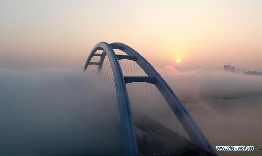 Aerial photo taken on Nov. 27, 2018 shows the Guantang bridge in Liuzhou, south China\'s Guangxi Zhuang Autonomous Region. The bridge, spanning over a distance of 457 meters, opened to traffic on Tuesday. (Xinhua/Li Hanchi)
