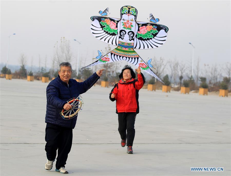 Fu Xianming and his wife fly self-made kites in Shijiazhuang, capital of north China\'s Hebei Province, Nov. 26, 2018. Fu Xianming, a 66-year-old craftsman, has devoted himself in kites making for 20 years. Fu and his wife have made more than 1,500 kites of various shapes since 1998. (Xinhua/Zhang Haiqiang)