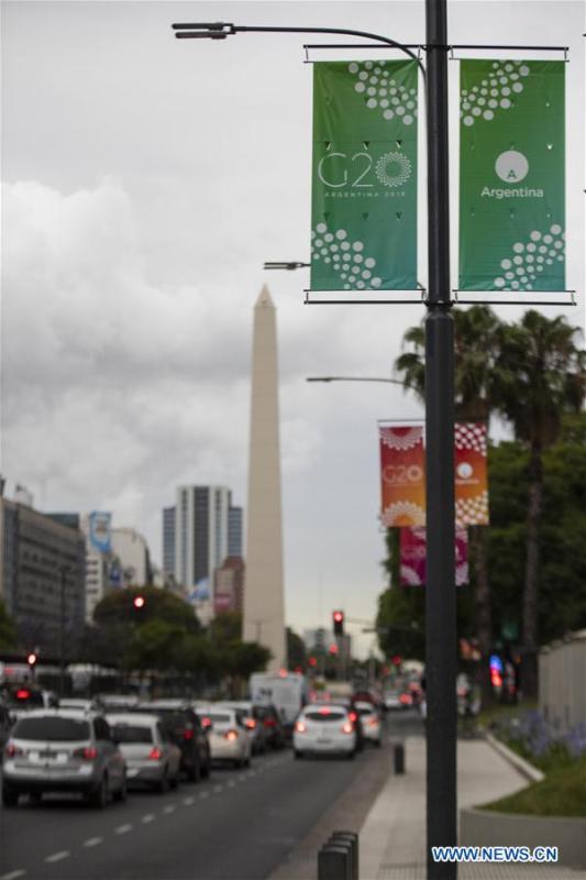Photo taken on Nov. 27, 2018 shows banners of the G20 summit in Buenos Aires, Argentina. The 13th G20 summit, under the theme of Building Consensus for Fair and Sustainable Development, will be held for the first time in a South American country from Friday to Saturday. (Xinhua/Li Ming)