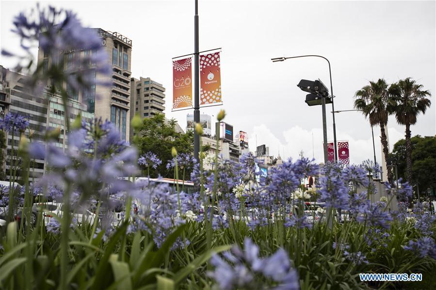 Photo taken on Nov. 27, 2018 shows banners of the G20 summit in Buenos Aires, Argentina. The 13th G20 summit, under the theme of Building Consensus for Fair and Sustainable Development, will be held for the first time in a South American country from Friday to Saturday. (Xinhua/Li Ming)