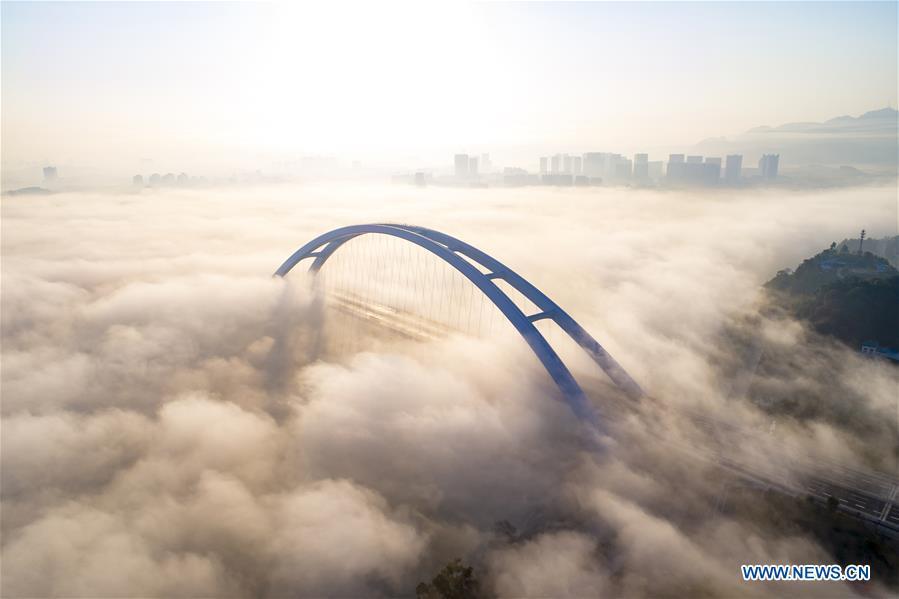 Aerial photo taken on Nov. 27, 2018 shows the Guantang bridge in Liuzhou, south China\'s Guangxi Zhuang Autonomous Region. The bridge, spanning over a distance of 457 meters, opened to traffic on Tuesday. (Xinhua/Li Bin)