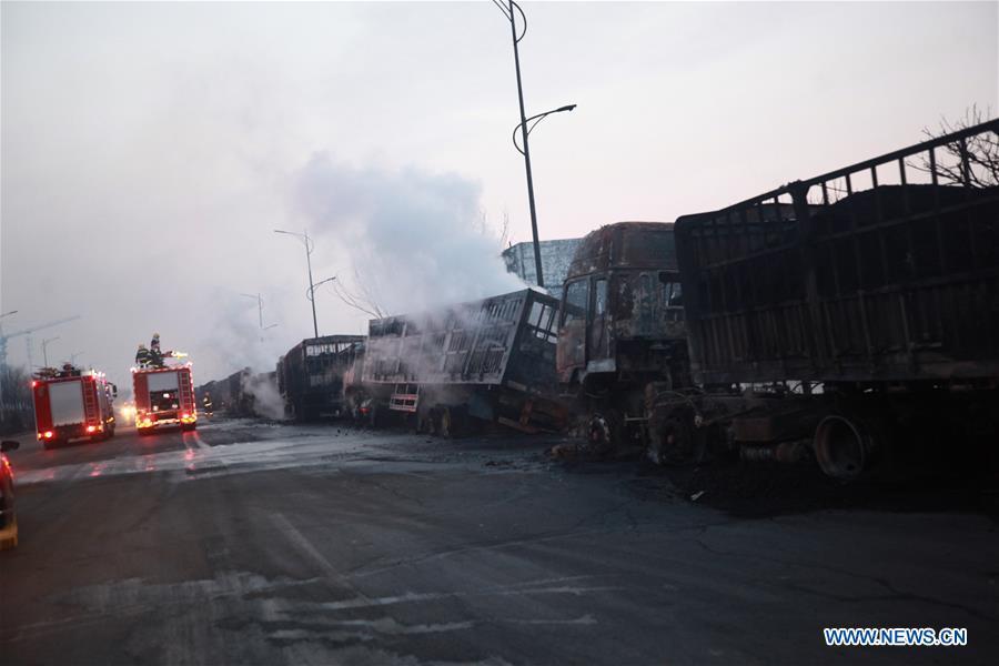 Photo taken on Nov. 28, 2018 shows the blast site near Shenghua chemical plant in Zhangjiakou City, north China\'s Hebei Province. The blast has killed 22 people and injured 22 others early Wednesday morning, local authorities said. (Xinhua)