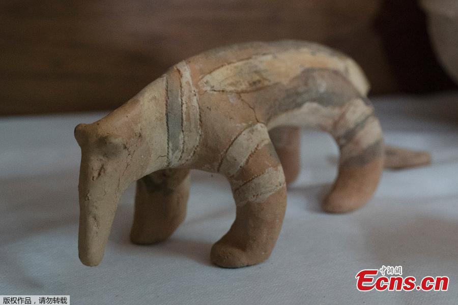 A Karaja culture ceramic depicting an armadillo rescued from the ashes of the fire that swept through Rio’s National Museum in September, is displayed during a media presentation, in Rio de Janeiro, Brazil, Dec. 10, 2018. The director of the National Museum and the German consul hosted the press conference to announce their partnership for the reconstruction of the museum. (Photo/Agencies)
Researchers from Brazil’s National Museum said Monday that they had recovered more than 1,500 pieces from the debris following a massive fire. The Sept. 2 blaze, which gutted one of the world’s oldest museums, destroyed much of the 20 million piece collection, and recovering objects from the ashes has been slow.