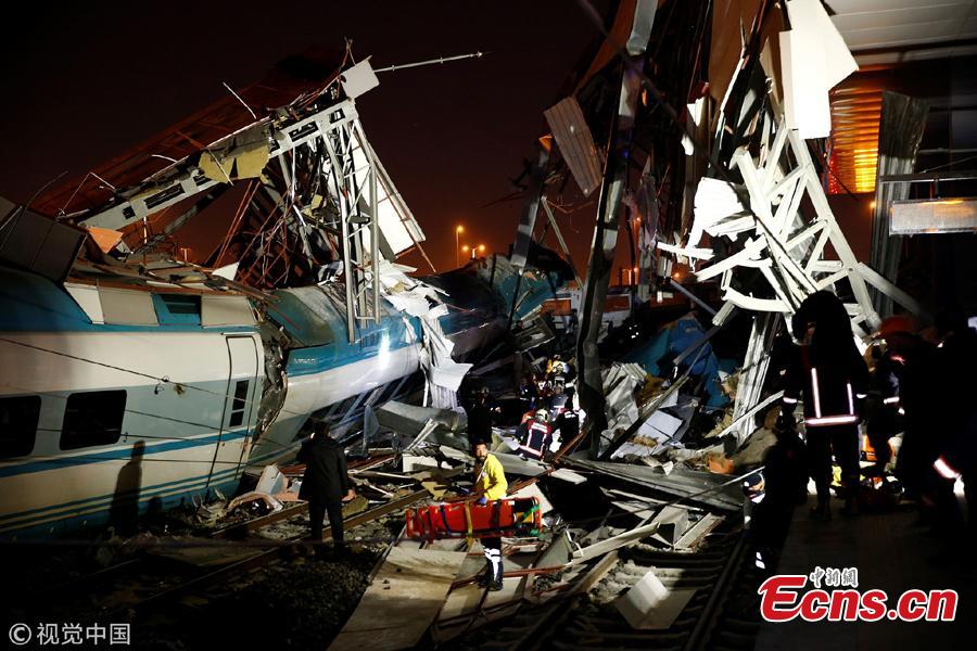 Wreckage of a high speed train is seen after it collides with another locomotive and crashes into an overpass at a train station in Ankara, Turkey, December 13, 2018. Four people were killed and more than 40 injured in the deadly crash, the governor\'s office reported.(Photo/VCG)