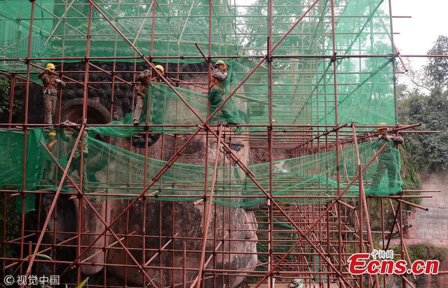 A 71-meter-tall Buddha statue-enclosed by scaffolding in the Leshan Giant Buddha Scenic Zone in Leshan, Sichuan province-has been undergoing repairs and maintenance since Oct 8. The price of entrance tickets to the scenic zone were cut by half on Monday because of the work, according to its administrative committee.(Photo/VCG)