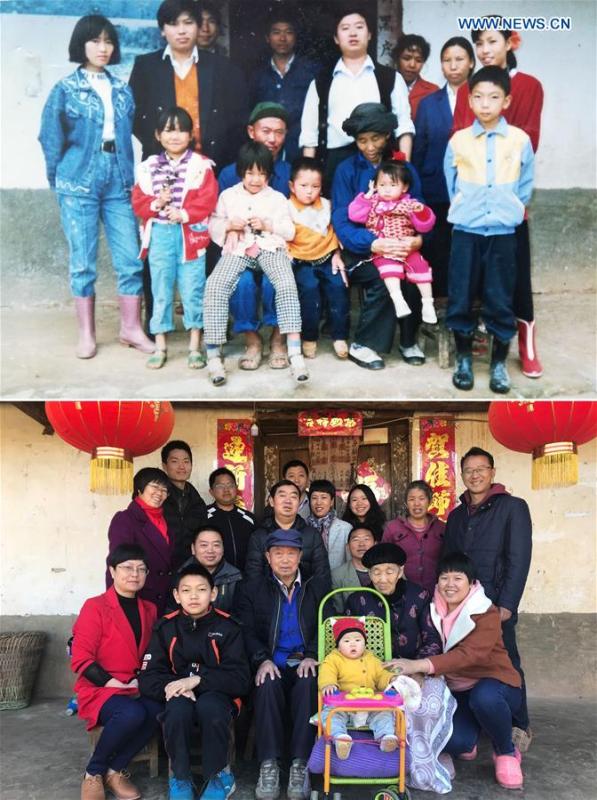 The upper part of this combo photo taken on Oct. 2, 1993 shows two-year-old Liu Yunhan (2nd R, carried by her grandmother) and her family posing for a group photo in Guoyuan Village in southwest China\'s Sichuan Province. The lower part of the combo photo taken by Jiang Hongjing on Feb. 17, 2018 shows Liu Yunhan (3rd R rear) posing with her family in front of their renovated house. Liu now works as a public servant. (Xinhua)
